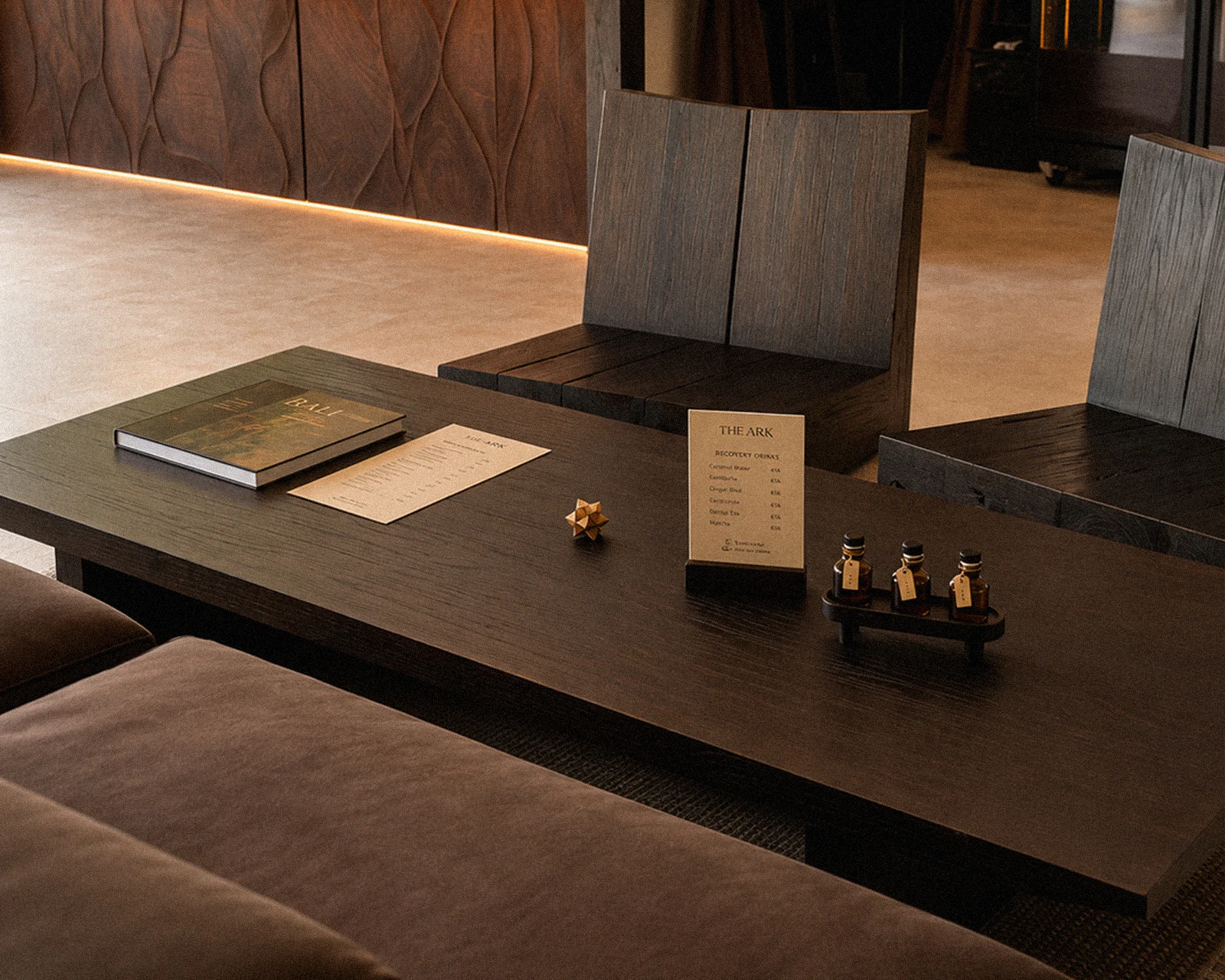 Charred lounge chairs and coffee table at The Ark